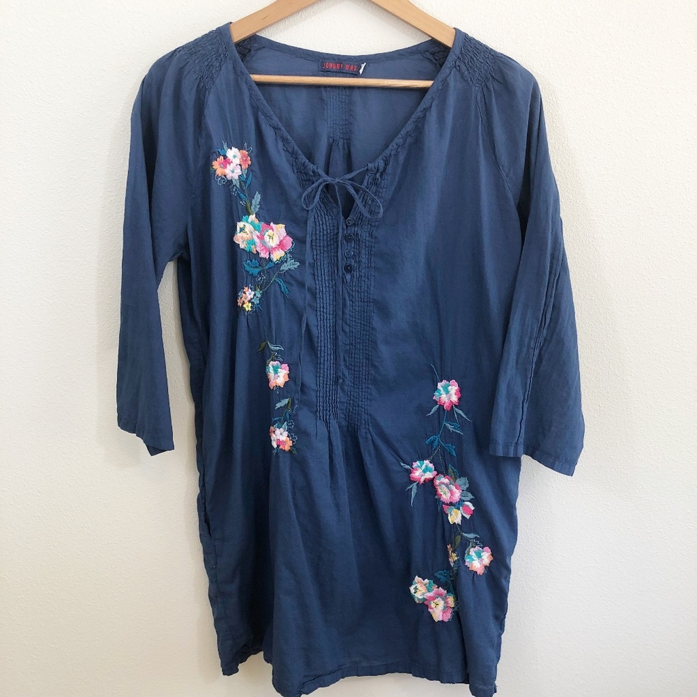 Johnny Was Blue Tunic with Embroidered Flowers